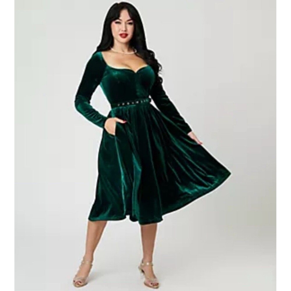 Unique Vintage Emerald Velvet Sweetheart SwingDress Large
